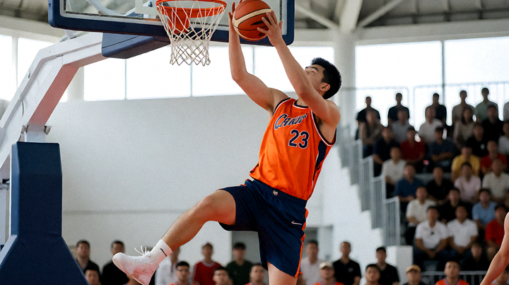 篮球比赛中球员在篮下争抢篮板的赛场画面